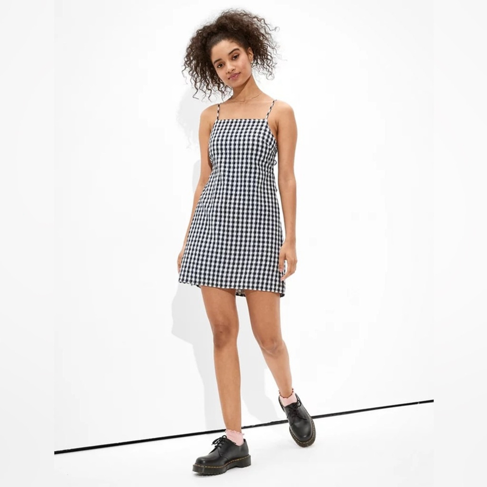 AMERICAN EAGLE Dress Women Size Medium Black and White Gingham Tie-Back Mini